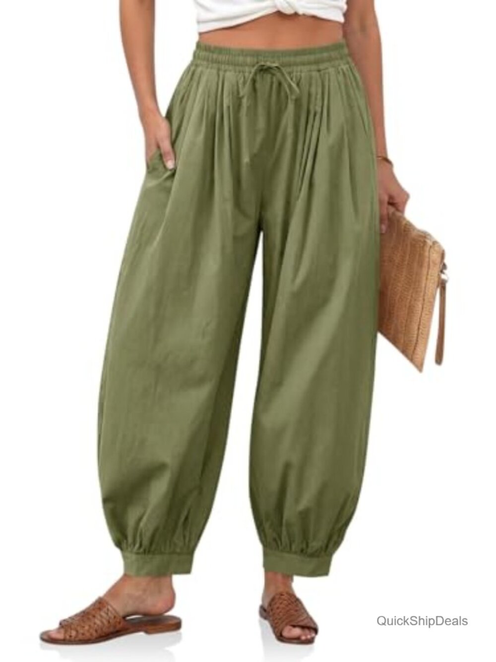 High Waisted Wide Leg Cotton Harem Pants with Pockets